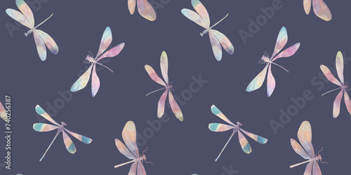 Watercolor drawing of a dragonfly, colorful wallpaper with insects on a blue background