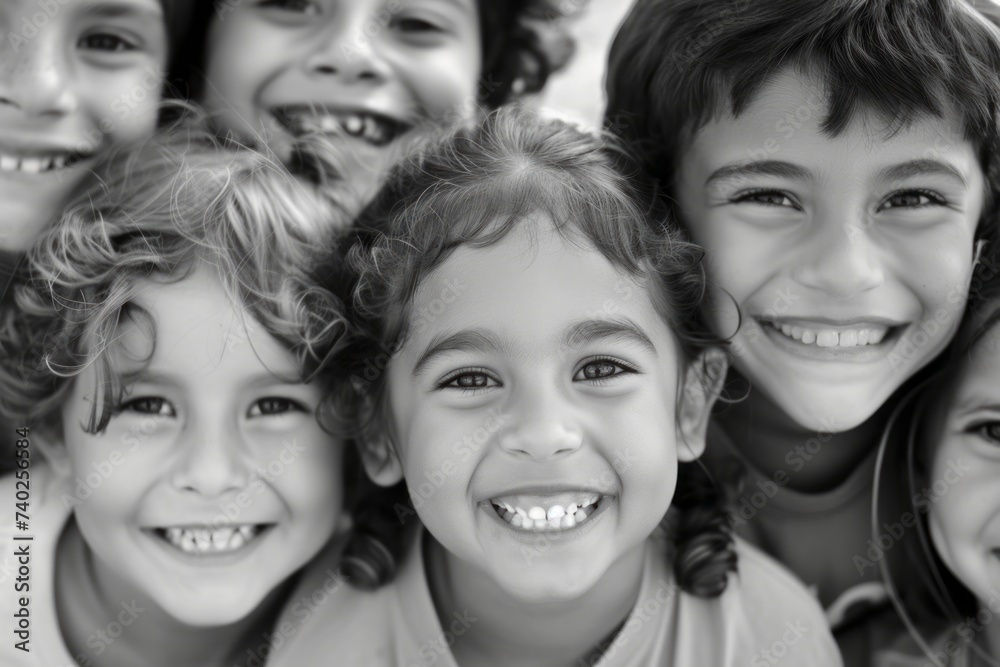 Black and white photo of smiling happy children looking at the camera, happy carefree childhood Black and white photo of smiling happy children looking at the camera, happy carefree childhood