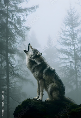 A gray wolf howls in the forest. Vertical background concept about wild nature, strength and power