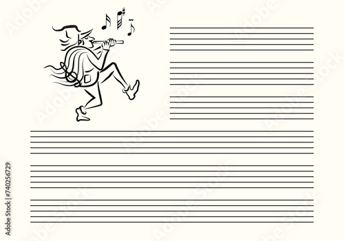 Musical notes blank sheet with black outline Pied Piper Hamelin. Black lines on white background. Editable stroke vector.	
 photo