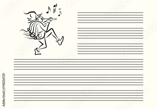 Musical notes blank sheet with black outline Pied Piper Hamelin. Black lines on white background. Editable stroke vector.	
