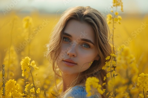 A young girl stands among a sea of vibrant yellow flowers, her portrait capturing the beauty and joy of nature's bountiful summer harvest