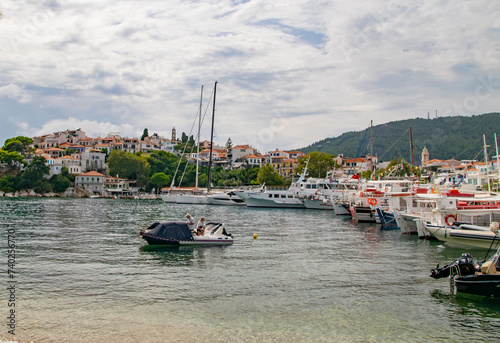 Skiathos island, Greece - August 25th 2022 - Photos of the port, city, beaches and the castle of the island.  photo