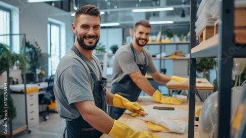 The photo shows people cleaning an office space. They are carefully wiping dust, washing windows, and vacuuming carpets. Cleaning supplies are on the shelves. The room is filled with a fresh clean sce