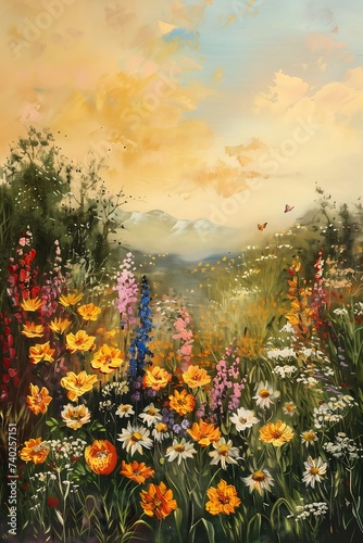 field flowers blue fire hydrant middle butterflies foreground summer landscape mountain solidity eternity stands easel daisies border