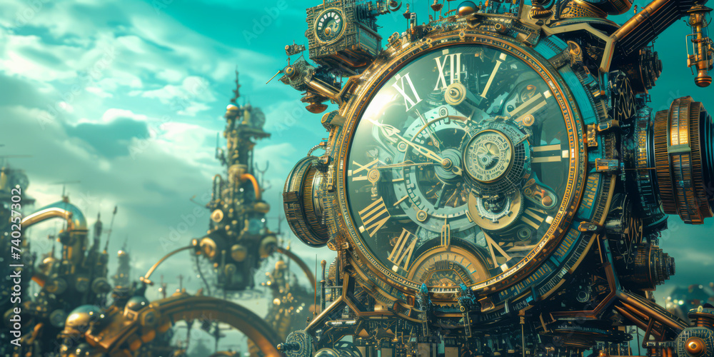a steampunk clock on a fantasy wallpaper