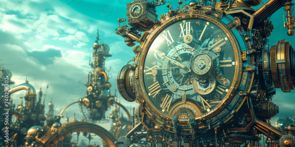 a steampunk clock on a fantasy wallpaper a steampunk clock on a fantasy wallpaper