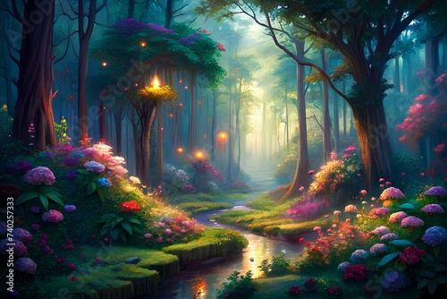 Unveiling the Splendor of a Magical Garden Hidden Within the Depths of a Lush Forest, Aglow with Illuminated Florals and Ethereal Fireflies © EnigmaEasel
