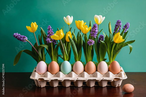Easter table centerpiece of colorful dyed eggs and yellow tulips and violet hyacinth Spring flowers in a cream ceramic egg carton on green background, on a dark wood table, front view. photo