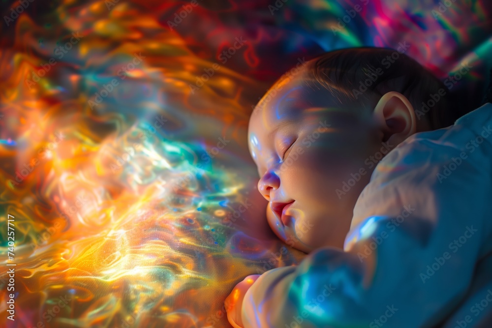 baby dreaming while having a nap surrounded by colorful abstract colors representing dreams and imagination baby dreaming while having a nap surrounded by colorful abstract colors representing dreams and imagination