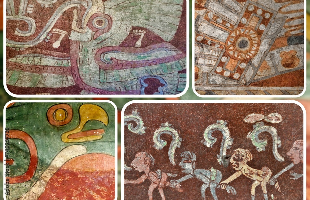 Naklejka premium Beautiful fragments of wall painting found in the ancient and mysterious city of Tenochtitlan in Mexico