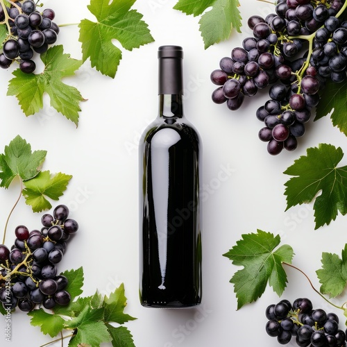 Red Wine Bottle with Ripe Grapes and Vine Leaves on White Background