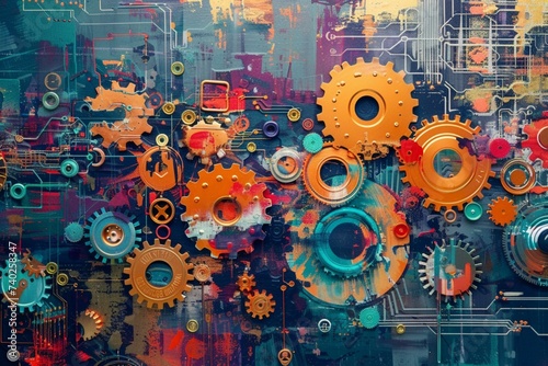 A vibrant abstract composition of overlapping gears and circuits, symbolizing the complex technical aspects of SEO, with a clear pathway leading to a search engine results page