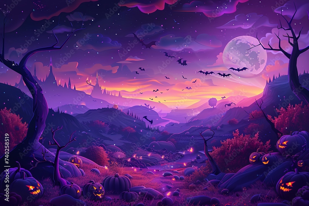 Halloween monster, pumpkin, witch night, scary night and night forest theme, in the style of vibrant stage backdrops, dark purple, realistic landscape paintings, light purple and dark crimson. Halloween monster, pumpkin, witch night, scary night and night forest theme, in the style of vibrant stage backdrops, dark purple, realistic landscape paintings, light purple and dark crimson.