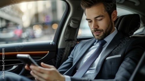 Successful businessman texting in luxury car, using smartphone in back seat of business vehicle