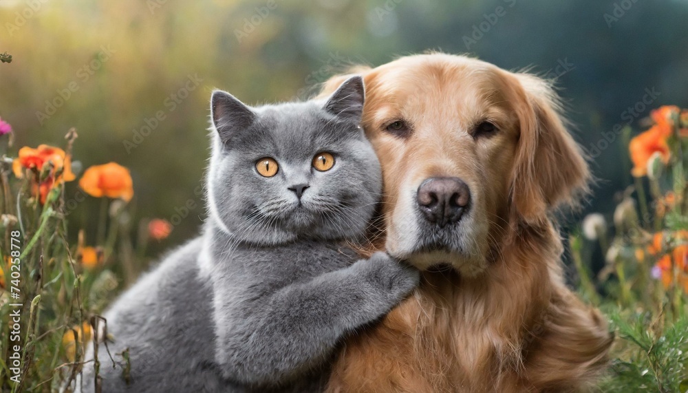 cute dog and cat hugs in the floral garden - obrazy, fototapety, plakaty 