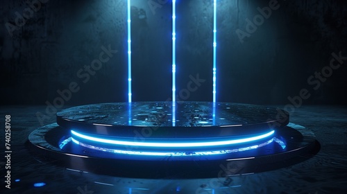 Futuristic Podium with Shiny Blue Neon Lights