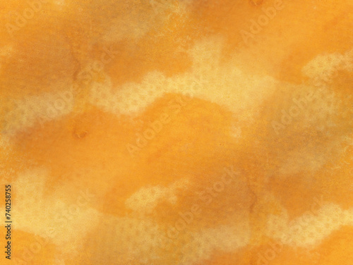 Orange ochre watercolor on paper texture. Irregular stains pattern. Grunge background. 