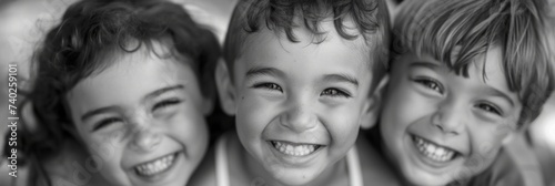Black and white photo of smiling happy children looking at the camera, happy carefree childhood, banner