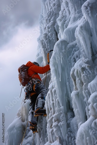 climber climbing steep ice wall rope surgical drip princess inside tall room leather padding sharp features intravenous