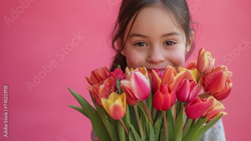 The beautiful girl with a smile on her face is holding a bright bouquet of tulips in honor of International Women's Day. Sparkling eyes and a happy smile make her look even more magnificent. The whole
