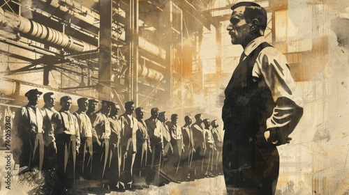 Vintage Poster Design: Industrial Revolution Era Businessman Leading Team to Workplace Efficiency and Unity