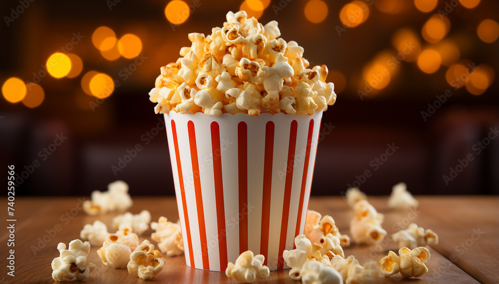 Indulge in movie theater refreshments sweet popcorn in striped bucket generated by AI Indulge in movie theater refreshments sweet popcorn in striped bucket generated by AI