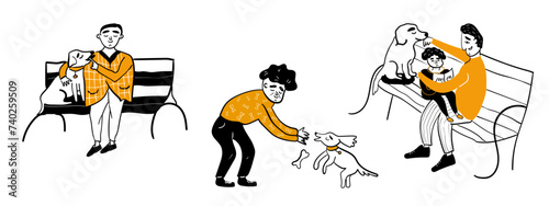 Happy pet dog owners have fun with their dogs outdoors. Set of vector doodle illustrations isolated on white background.