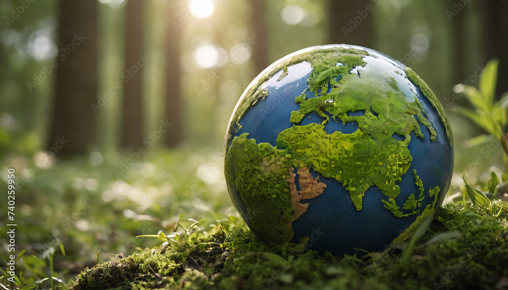 Globe on grass. Globe on green forest. Earth Day Concepts. World Environment Day Concept. Environment and Nature Concept