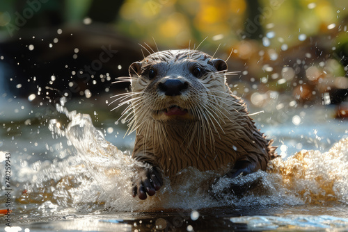 A playful otter sliding down a riverbank, capturing the delightful antics of these aquatic creatures. Concept of riverbank frolic. Generative Ai. © Sebastian