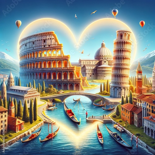 A scenic view of Italy, highlighting landmarks like the Colosseum, Leaning Tower of Pisa, and Venice gondolas, with a glowing heart in the center.