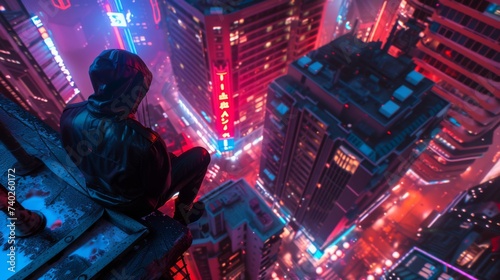 Atop the rooftop, a cyberpunk ambiance unfolds, painting a futuristic scene against the urban skyline © cristian