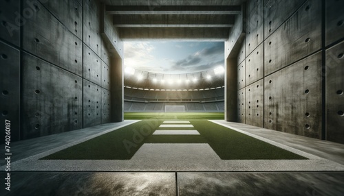 Concrete tunnel leading to an illuminated soccer stadium with lush green field and cloudy sky.