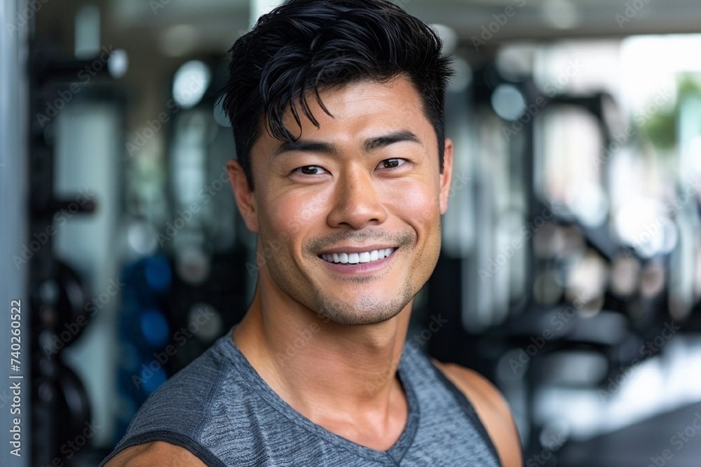 Happy athletic Asian man after working out in a gym and looking at camera. Happy athletic Asian man after working out in a gym and looking at camera.