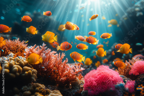 A school of colorful fish swimming through a coral reef, portraying the vibrant life and diversity within underwater ecosystems. Concept of coral reef harmony. Generative Ai.