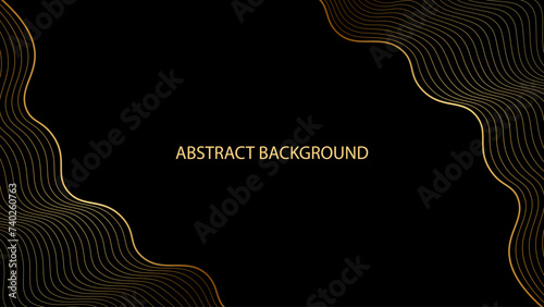 Black abstract background with gold wavy lines. Modern geometric pattern. Shiny poster or web banner template. Blended lines