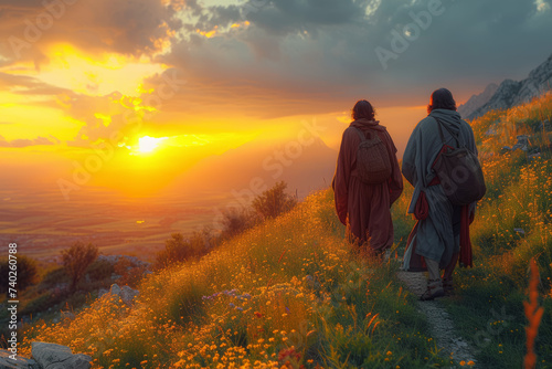 Staging of The disciples witnessing the risen Christ on the road to Emmaus, highlighting the transformative nature of encountering the resurrected Savior.  Generative Ai. photo