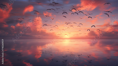 A sunset with a flock of birds flying over a lake, Flock of birds flying over the ocean at sunset © Zafar