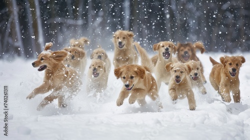Puppies frolic in the snow, chasing each other with joyful barks