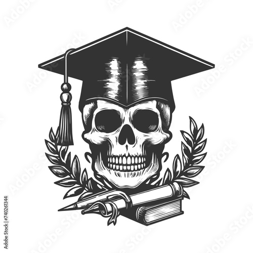A cartoon skull wearing a graduation cap can be seen holding a scroll in its bony hand. The juxtaposition of the academic cap and the macabre skull creates a unique and interesting image.