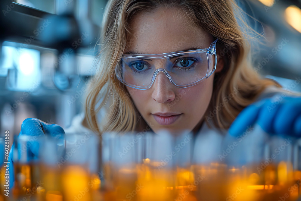 Female scientist checking chemical solution in beaker at laboratory Female scientist checking chemical solution in beaker at laboratory