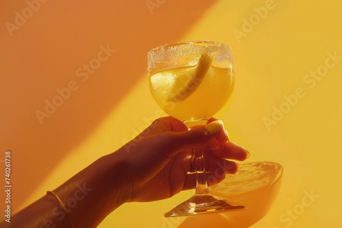 a person is presenting a margarita with a hand on a yellow background