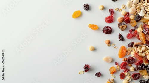 Wholesome dried fruits meticulously arranged on a pristine white surface