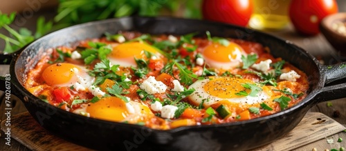 A horizontal, side view image of a delicious vegetarian Mediterranean shakshouka dish, featuring fried eggs, tomatoes, green vegetables, and salty sheep milk cheese.