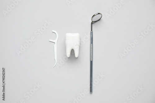 Tooth model, toothpick and dental mirror on white background. World Dentist Day © Pixel-Shot