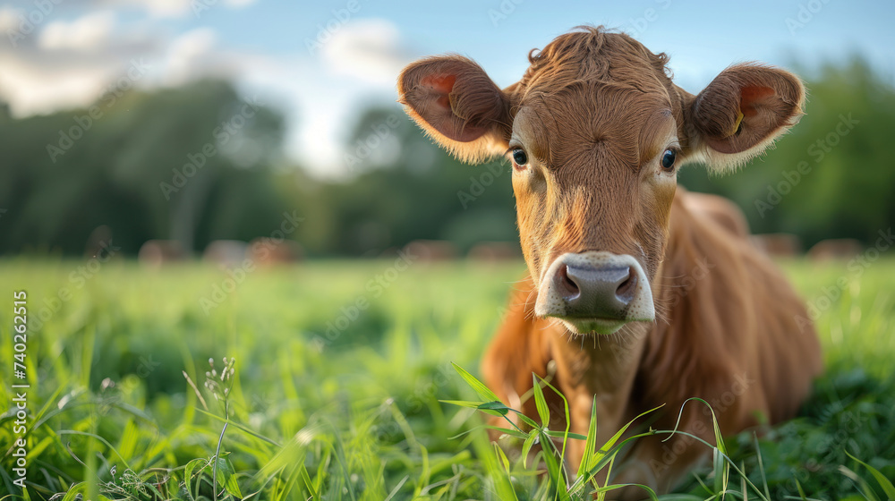 A close-up image of a young brown calf with a white snout, standing in a lush green field during sunset, with the sky painted in soft hues of blue and orange A close-up image of a young brown calf with a white snout, standing in a lush green field during sunset, with the sky painted in soft hues of blue and orange
