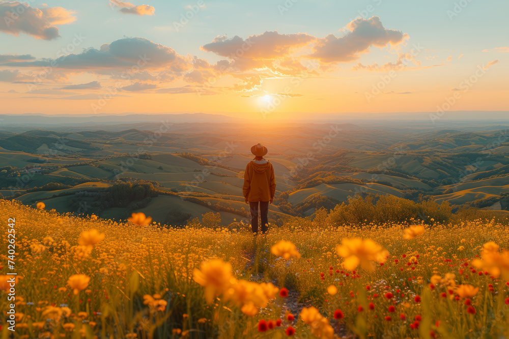 Fototapeta premium A painter capturing the beauty of a spring sunrise over rolling hills, embracing the transformative power of natural light. Concept of artistic inspiration. Generative Ai.