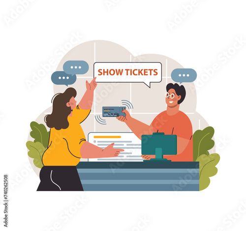 Eager concert goer purchasing music festival tickets from. Flat vector illustration