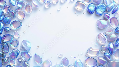 Opals scattered on a white background with empty space in the center
