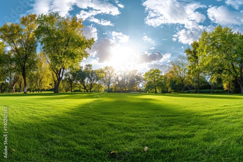 Beautiful nature scene. A panoramic photo of lawn with trees in distance